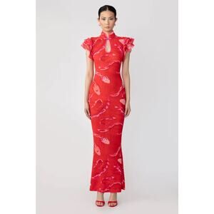 Sau Lee Keilani Ruffle Sleeve Maxi Dress Mesh Print Size US 6